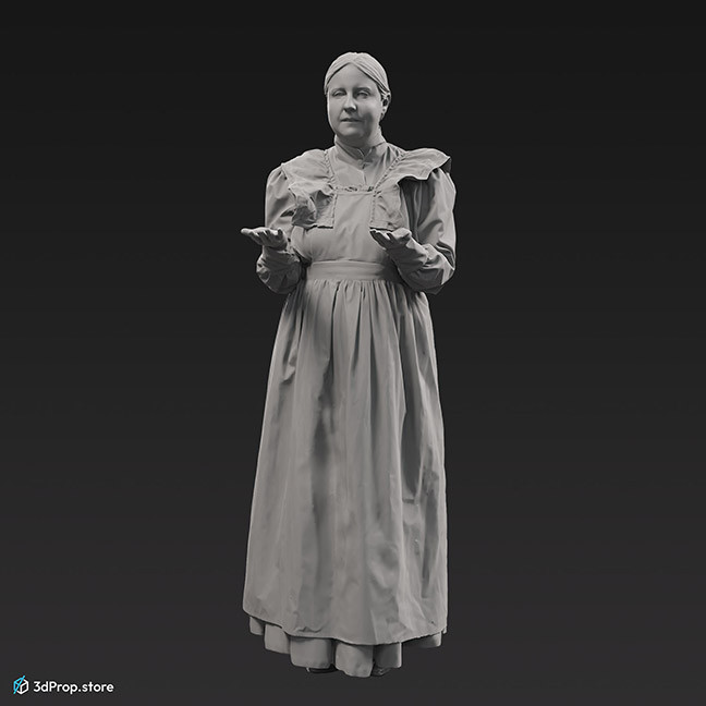 3D scan of a standing, middle-aged maid, wearing a white apron and a grey long-sleeved dress underneath, and she is holding a silver serving tray, from the 1910s, Europe. 
Probably a noble family's maid.