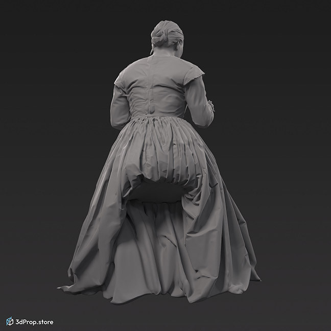 3D scan of a woman sitting in clothes typical for upper middle class people from the 1900s Europe.