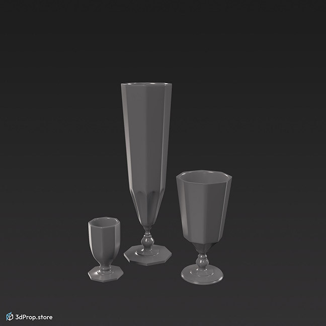 3D model of 3 differently sized stemmed glasses.