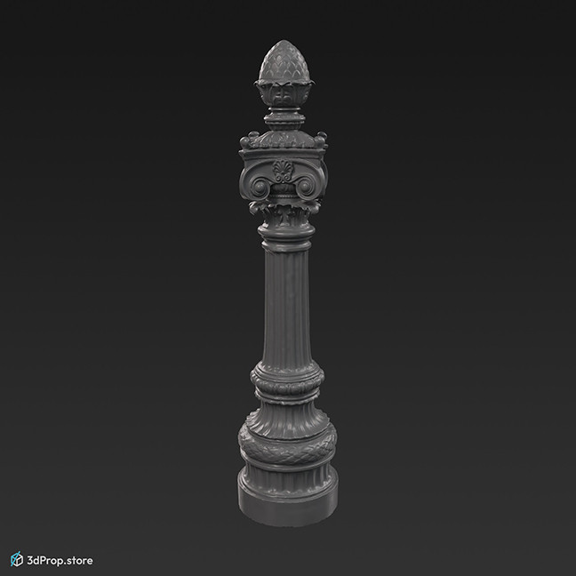 A photogrammetry recorded 3D model of a wrought iron street railing pillar.