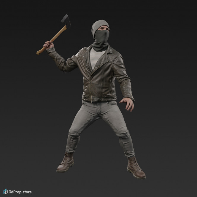 Posed 3D character scan - a man in modern street clothes and a scarf covering his face.