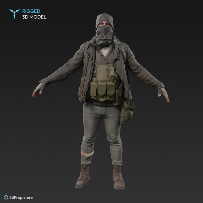 3D scan of a man in assorted military clothing standing in A-pose. 
A 3D human model