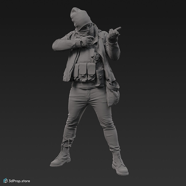 3D scan of a standing man in a shooting position, wearing assorted military and casual clothing.