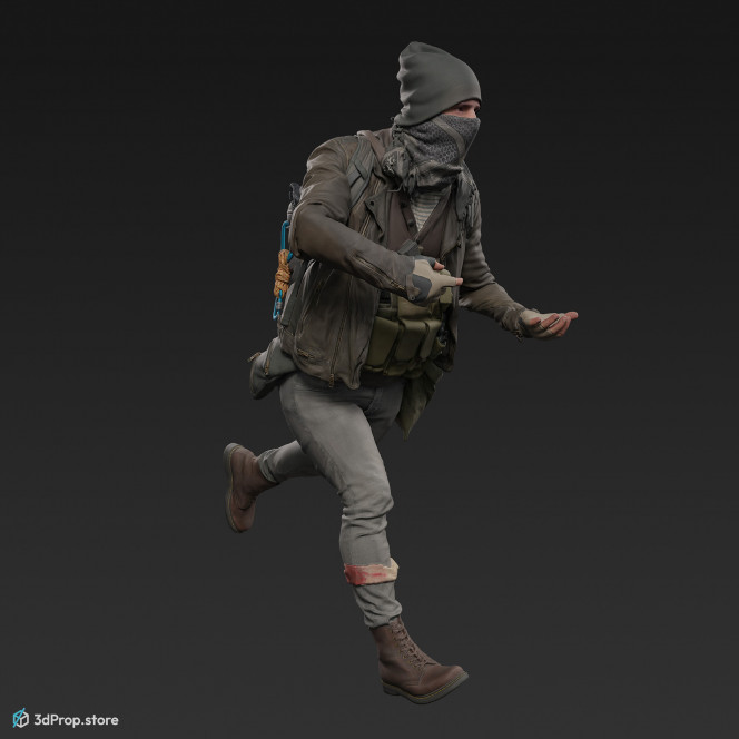 3D scan of a running man in assorted military clothes and positioned to be holding a gun.