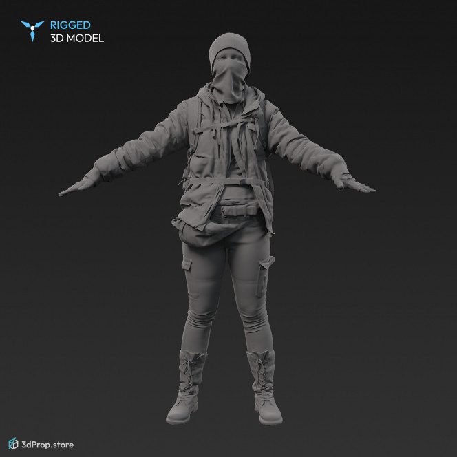 3D scan of a woman in a mask and assorted military clothing standing in A-pose. 
A 3D human model