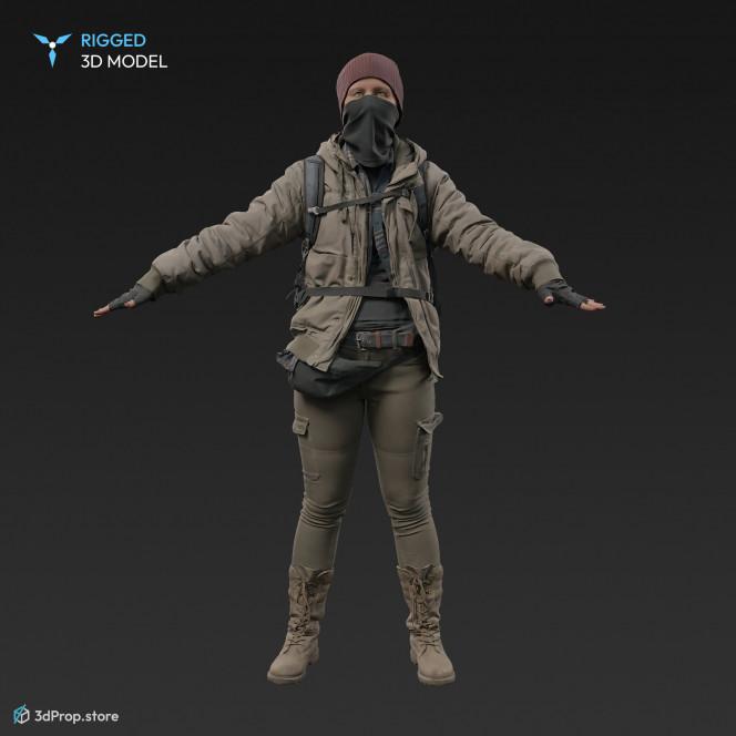 3D scan of a woman in a mask and assorted military clothing standing in A-pose. 
A 3D human model