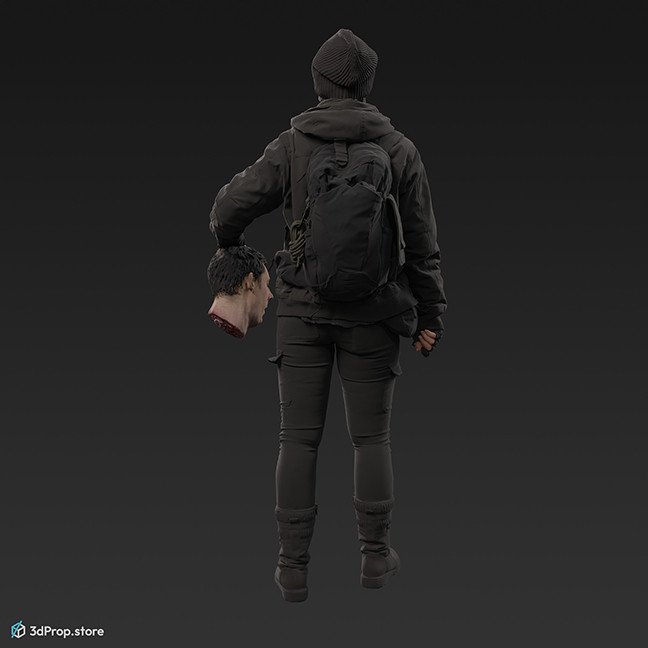 3D scan of a female member of a resistance movement in a dark clothes of leather, cotton and linen, her face covered by a scarf, standing with a machete and holding a severed human head.