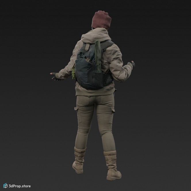 3D scan of a woman in a mask and assorted military clothing in a standing pose.