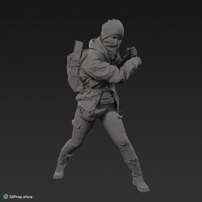 3D scan of a woman in a mask and assorted military clothing standing in attacking pose.