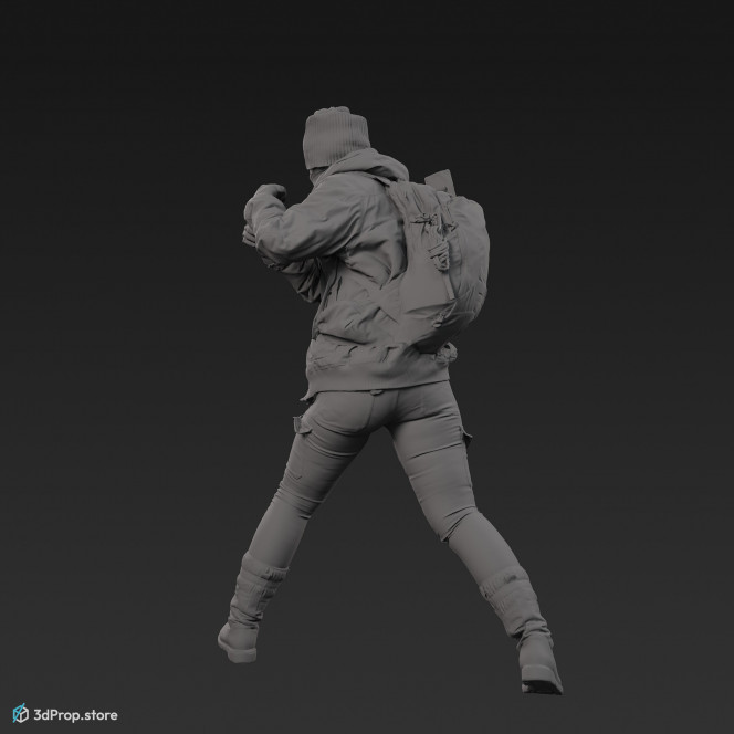 3D scan of a woman in a mask and assorted military clothing standing in attacking pose.