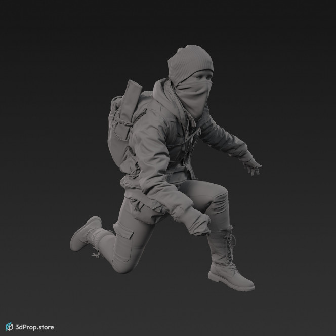 3D scan of a woman in a mask and assorted military clothing in kneeing pose.
A 3D human model