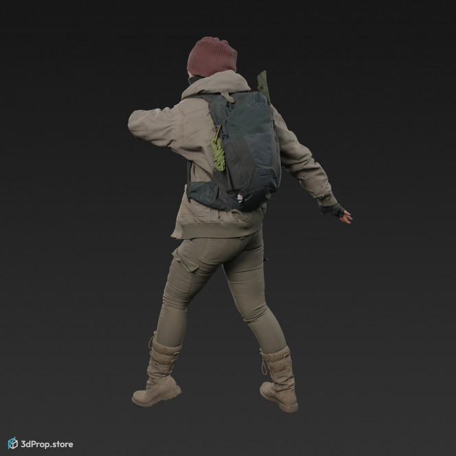 3D scan of a woman in a mask and assorted military clothing in a standing pose