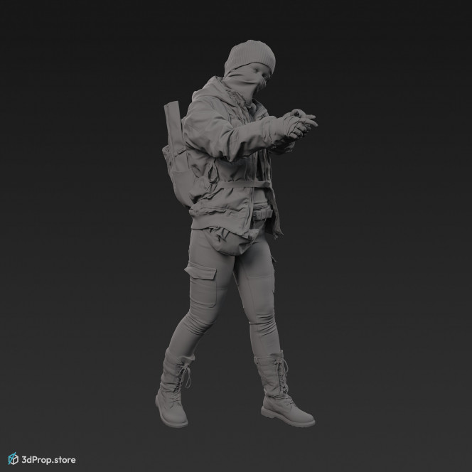 3D scan of a woman in a mask and assorted military clothing in a standing pose