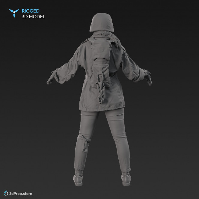 3D scan of a woman in assorted military clothing standing in A-pose. 
A 3D human model