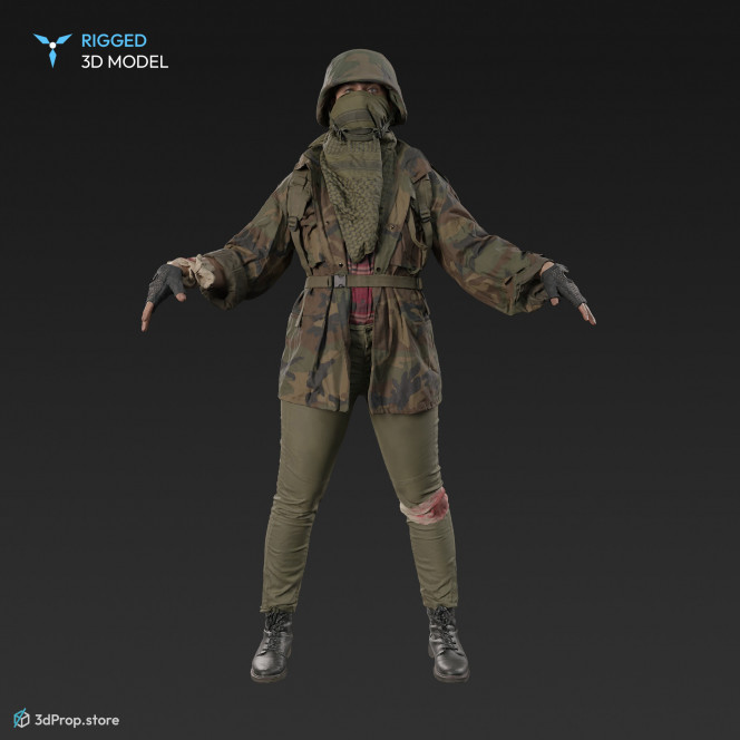 3D scan of a woman in assorted military clothing standing in A-pose. 
A 3D human model
