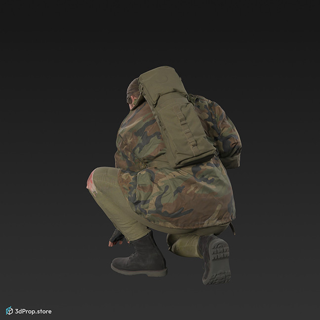 3D scan of a woman in assorted military clothing in a squatting, tracking pose.