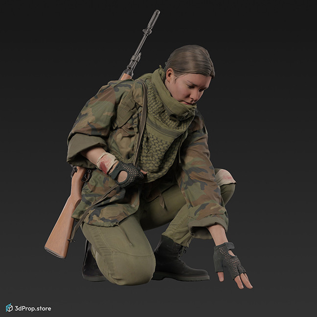 3D scan of a woman in assorted military clothing in a squatting, tracking pose.