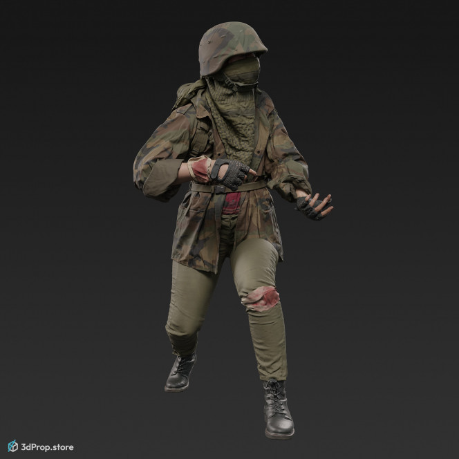 3D scan of a woman in assorted military clothing in walking pose holding a gun.