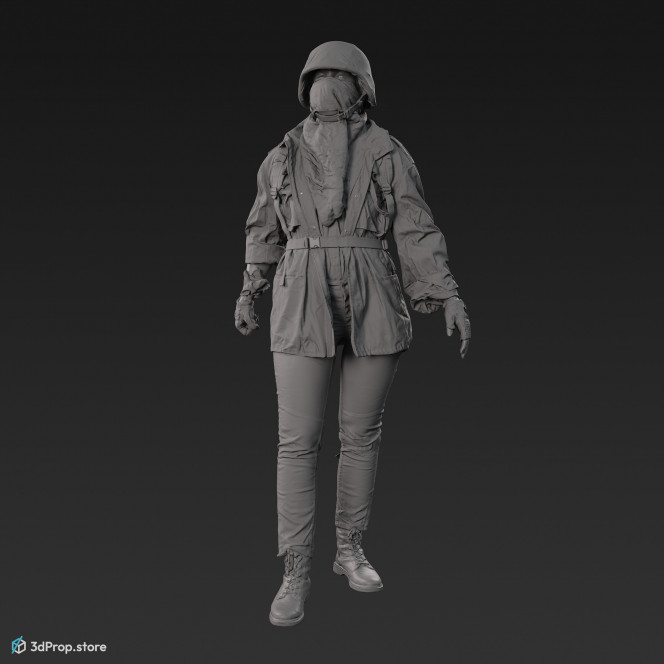 3D scan of a woman in assorted military clothing standing pose. 
3D human model