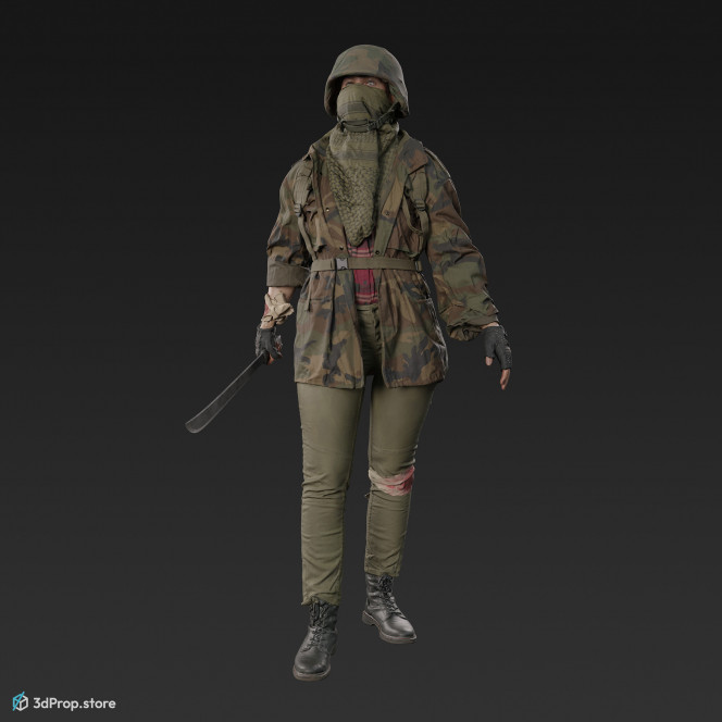 3D scan of a woman in assorted military clothing standing pose. 
3D human model