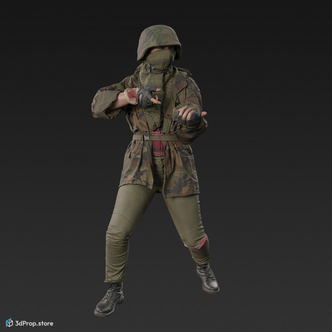3D scan of a woman in assorted military clothing in attacking pose holding a gun.