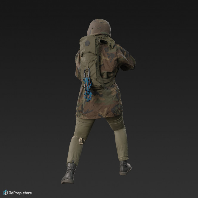3D scan of a woman in assorted military clothing in attacking pose holding a gun.