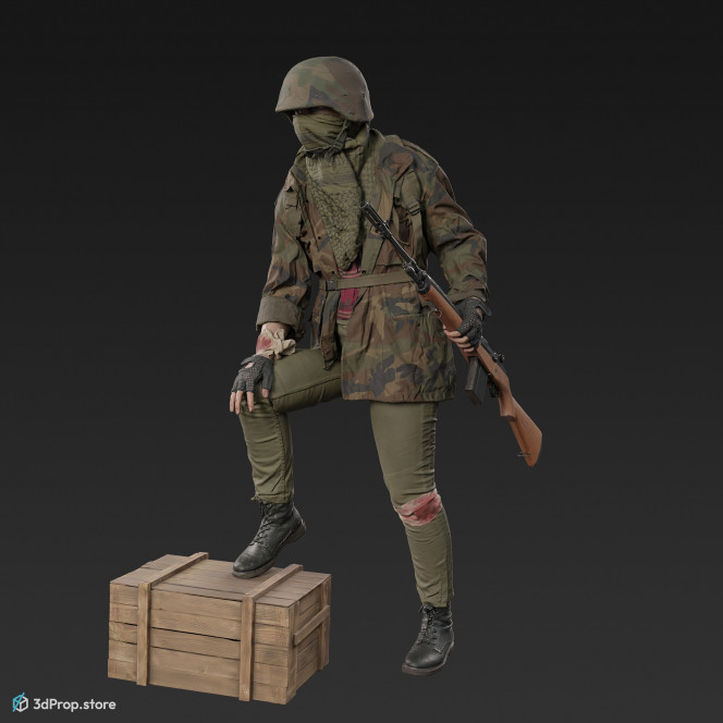 A posed 3D scan of a woman standing in assorted military clothing.