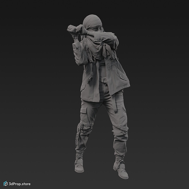 3D scan of a woman in assorted military clothing, posed to attack with a meele weapon.