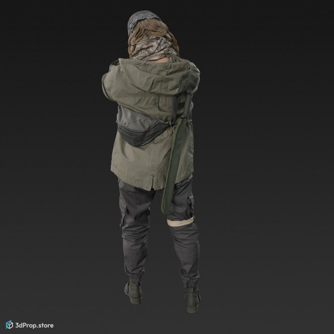 3D scan of a woman in assorted military clothing in standing pose and holding handguns.