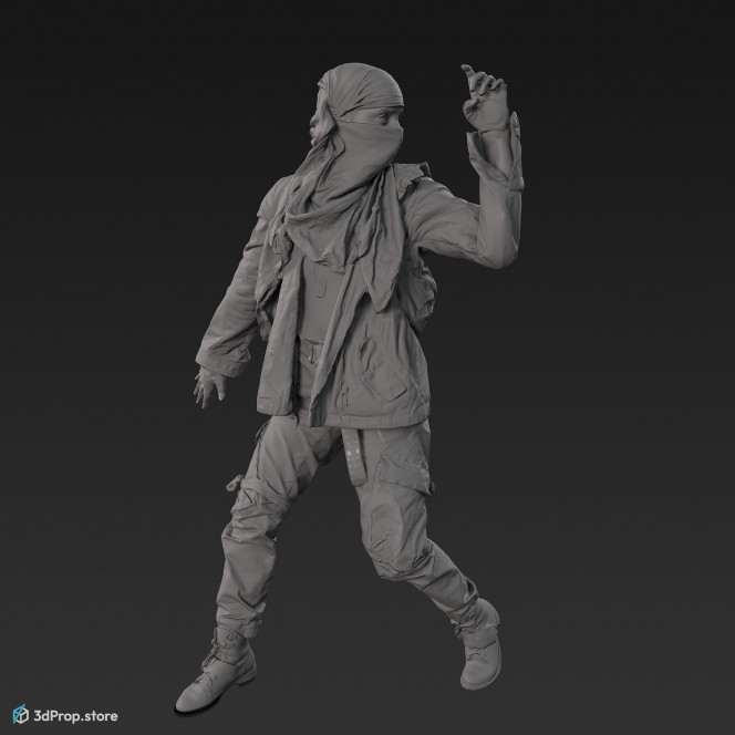 3D scan of a woman in assorted military clothing in standing pose and hiding.