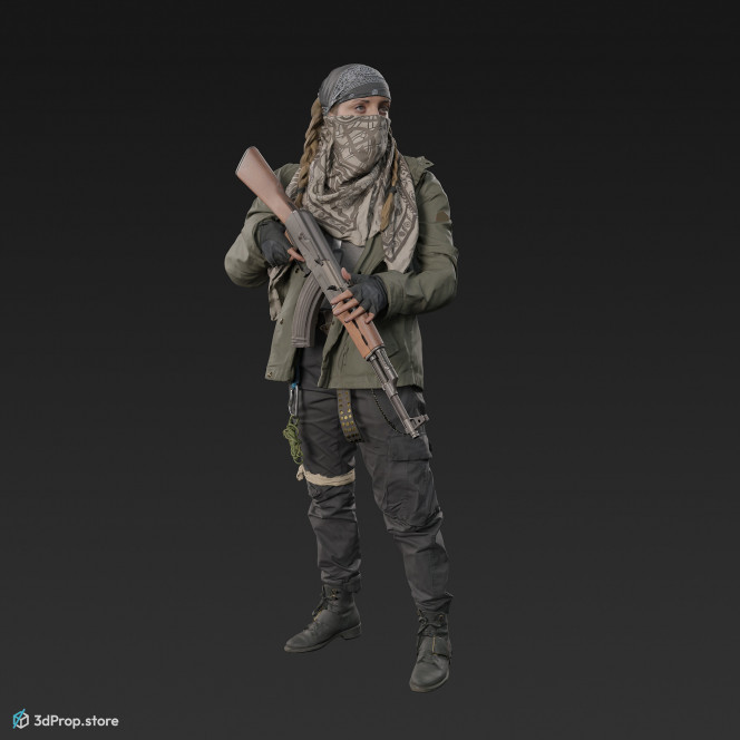 3D scan of a woman in assorted military clothing in standing pose.