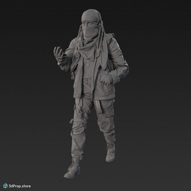 3D scan of a woman in assorted military clothing in walking pose.