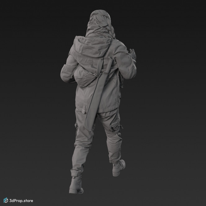 3D scan of a woman in assorted military clothing in walking pose.