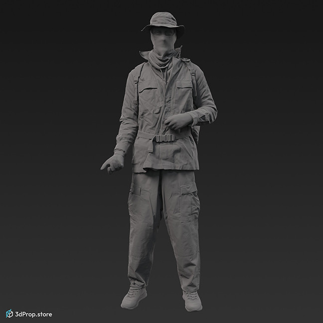 3D scan of a standing man in a pose to hold a gun. Wearing assorted military clothing.
