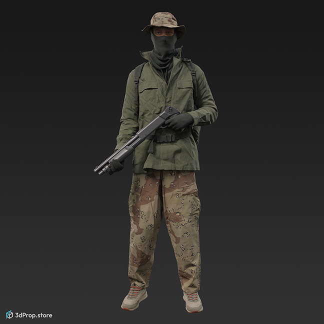 3D scan of a standing man in a pose to hold a gun. Wearing assorted military clothing.
