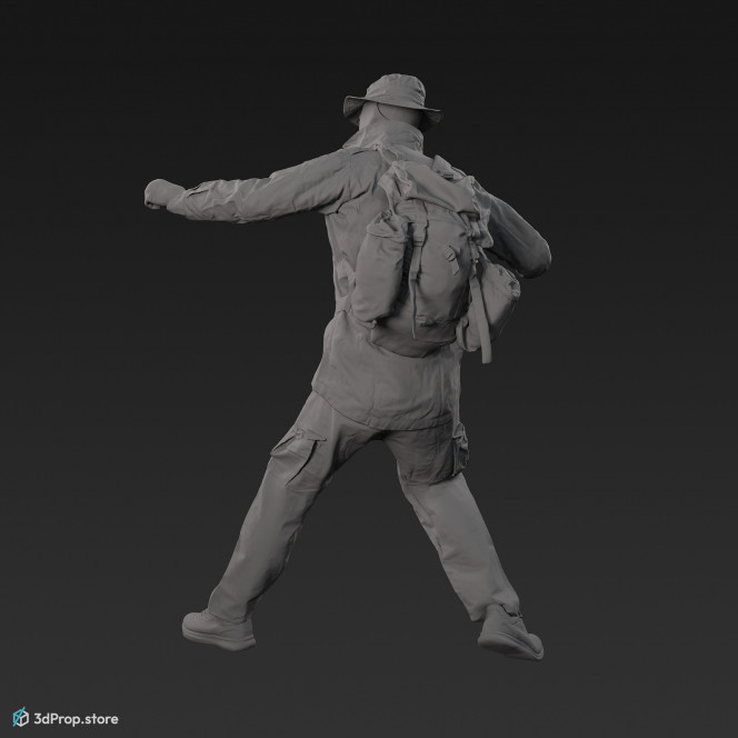 3D scan of a man in assorted military clothing in an attacking pose.