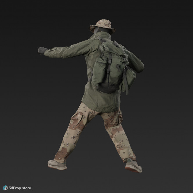 3D scan of a man in assorted military clothing in an attacking pose.