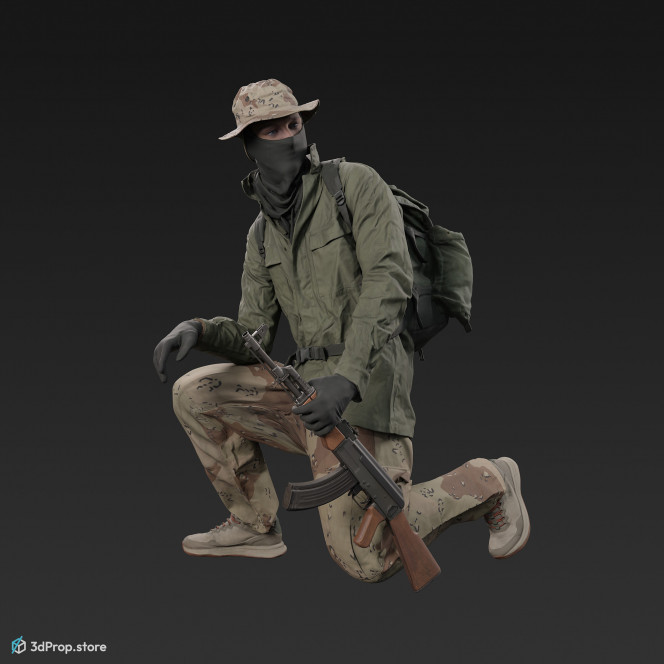 3D scan of a man in assorted military clothing in a kneeling pose.