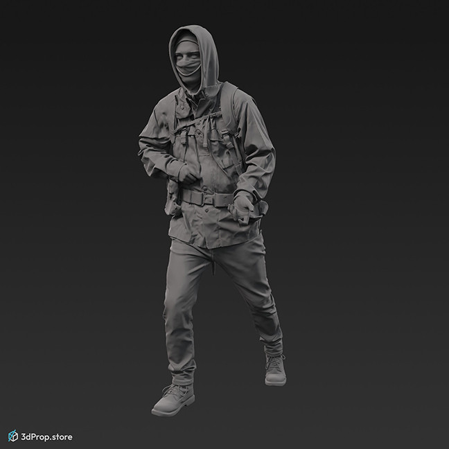 3D scan of a walking man, wearing assorted military clothing.