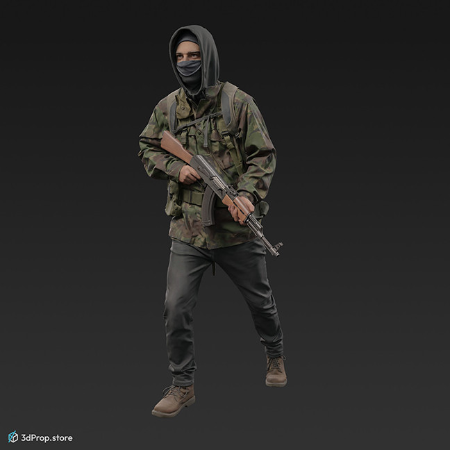 3D scan of a walking man, wearing assorted military clothing.