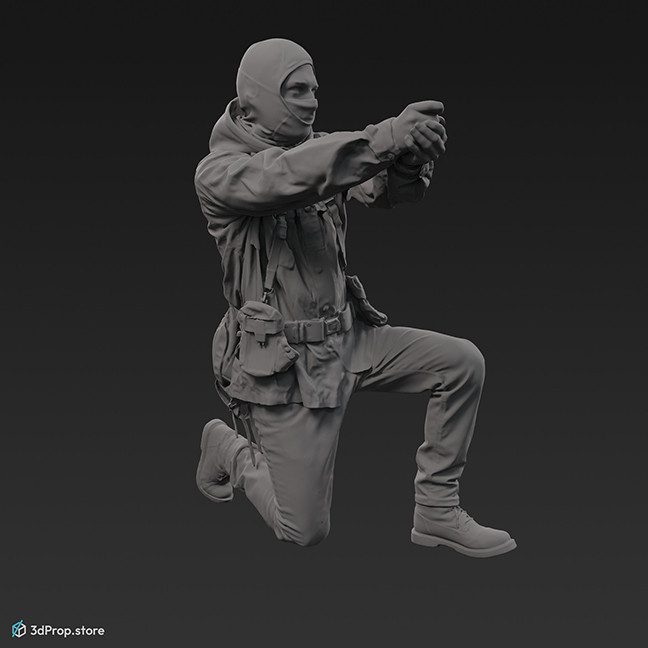 3D scan of a squatting man aiming with a pistol, wearing assorted military clothing.