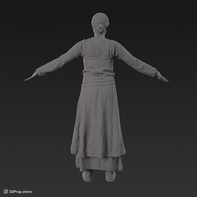 3D scan of a standing viking woman in an A posture, wearing linen and leather from the 900s, Europe.