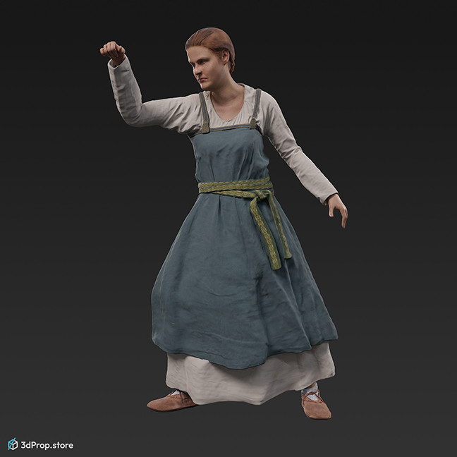 3D scan of a standing viking woman, wearing linen and leather from the 900s, Europe.