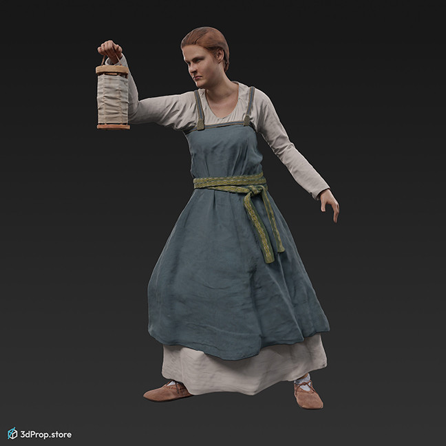 3D scan of a standing viking woman, wearing linen and leather from the 900s, Europe.