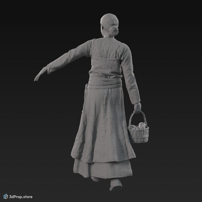 3D scan of a walking viking woman, while carrying a wicker basket full of apples. She is wearing linen and leather clothes from the 900s, Europe.