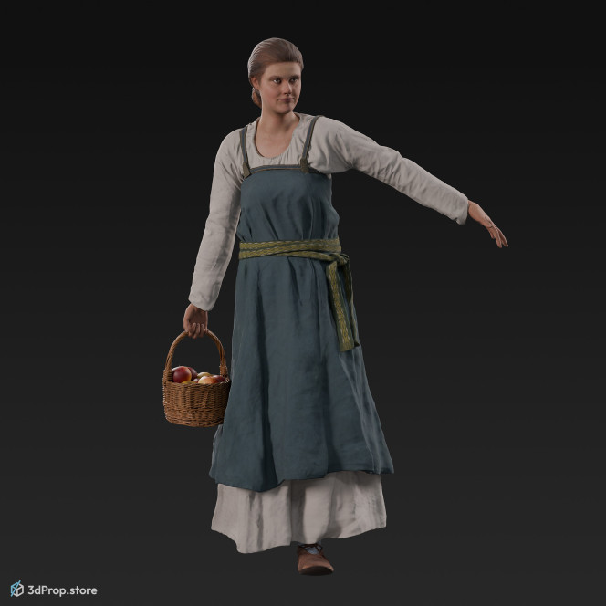 3D scan of a walking viking woman, while carrying a wicker basket full of apples. She is wearing linen and leather clothes from the 900s, Europe.