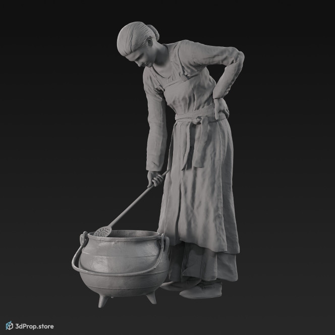 3D scan of a cooking viking woman, wearing linen and leather from the 900s, Europe.