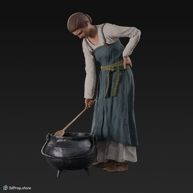 3D scan of a cooking viking woman, wearing linen and leather from the 900s, Europe.