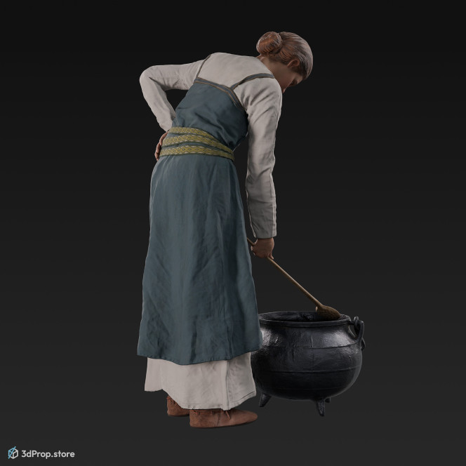 3D scan of a cooking viking woman, wearing linen and leather from the 900s, Europe.