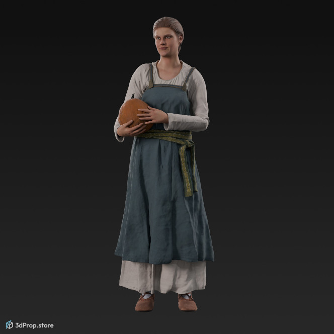 3D scan of a standing viking woman, wearing linen and leather from the 900s, Europe.